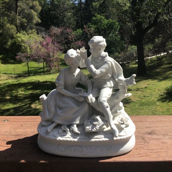 Vintage  Decor Other - Antique Heavy French Bisque Porcelain Group Statue Romance After D Aste Marked.